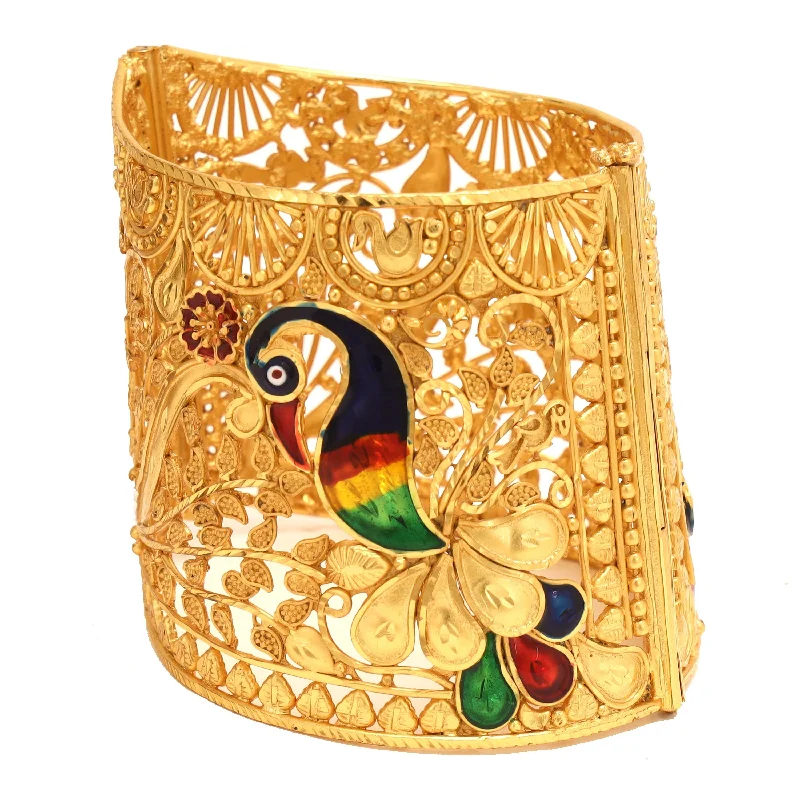 Solid Gold Bangles with Intricate EngravingsHeavy Bridal Peacock Motif Glass Chur- One Piece