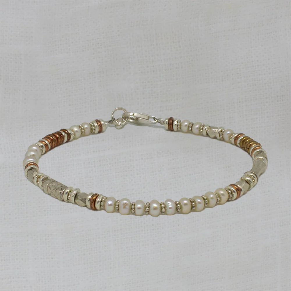 Bangle Bracelets with Birthstone AccentsSilver Freshwater Pearl and Mixed Metals Bracelet