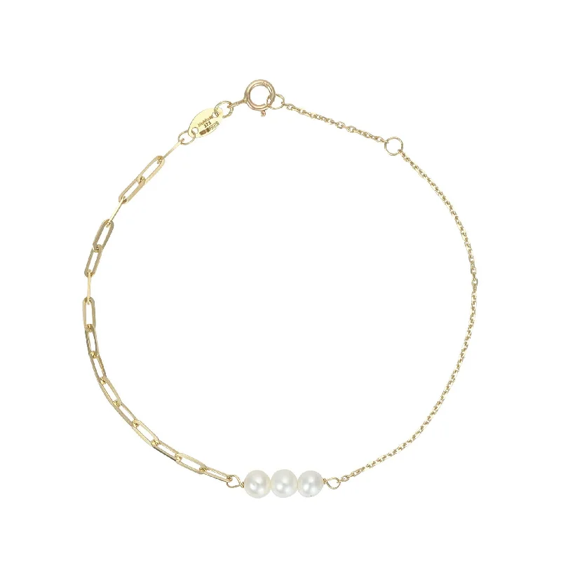 Bangle Bracelets with Birthstone Accents9kt Gold Three Round Pearl Paperclip & Fine Chain Bracelet