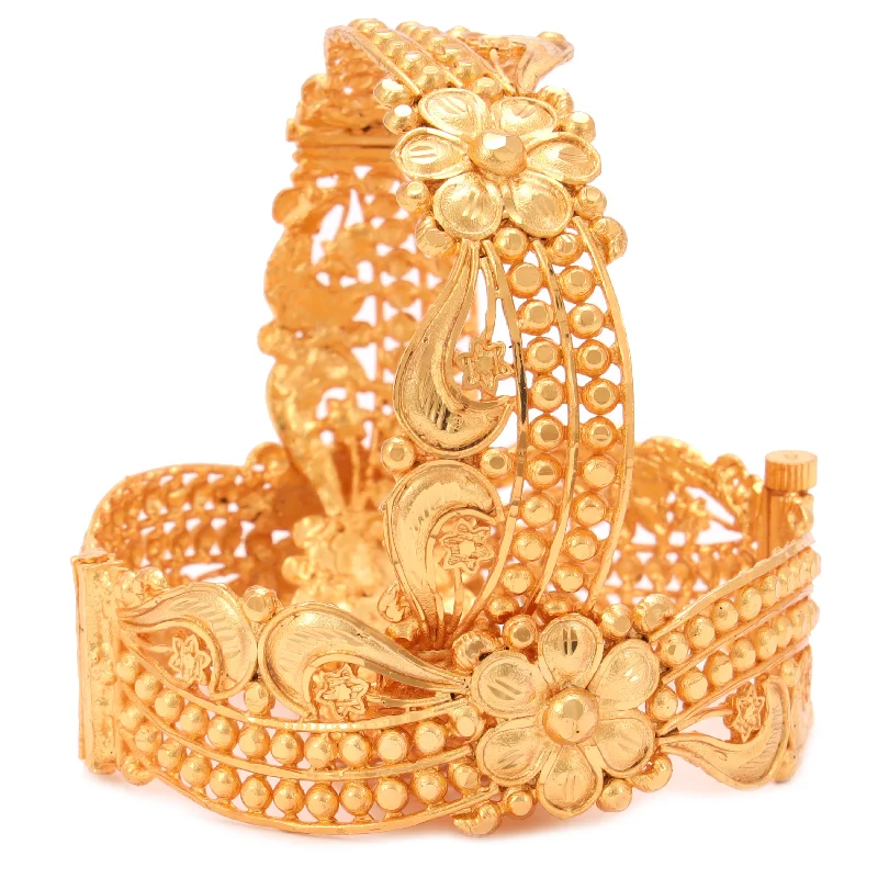 Solid Gold Bangles with Intricate EngravingsFloral Design Curvy Chur- Two Pieces