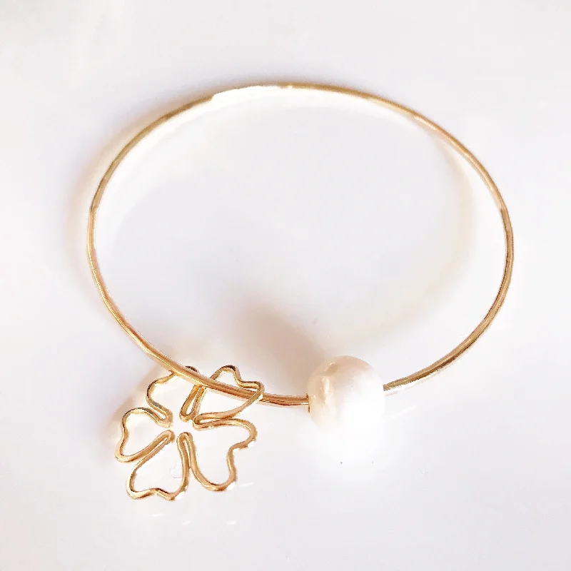 Solid Gold Bangles with Intricate EngravingsCherry blossom bangle- white pearl (B300)