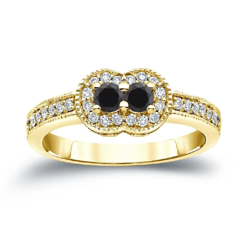 Engagement Rings with Hidden Halo Settings for Extra Sparkle14k Gold Modern Round 1/2ct TDW 2-Stone Black Diamond Ring by Auriya (SI2-SI3)