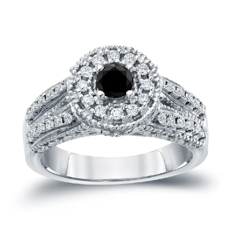 Engagement Rings with Hidden Halo Settings for Extra Sparkle14k Gold Round 3/4ct TDW Black Diamond with Halo Engagement Ring by Auriya (H-I, I1-I2)