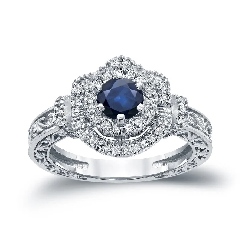 Engagement Rings with Hidden Halo Settings for Extra Sparkle14k Gold Vintage 3/4ct Sapphire and 1/3ct TDW Halo Diamond Engagement Ring