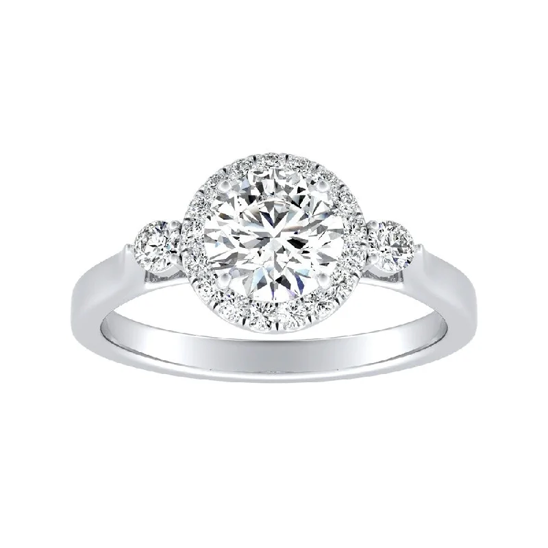 Affordable Engagement Rings with High - Quality Simulated DiamondsAuriya 3-Stone 1ct Round Moissanite and 1/4ct TDW Diamond Halo Engagement Ring 14K Gold