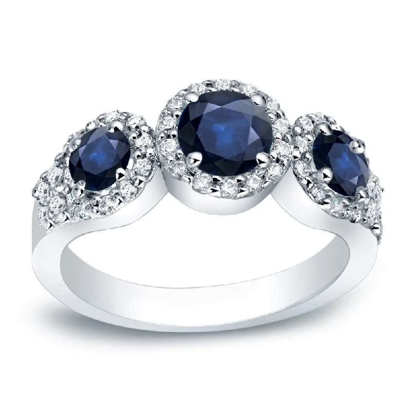 Affordable Engagement Rings with High - Quality Simulated DiamondsAuriya Platinum 4/5ct Blue Sapphire and 2/5ctw 3 Stone Diamond Engagement Ring (G-H, I1-I2)