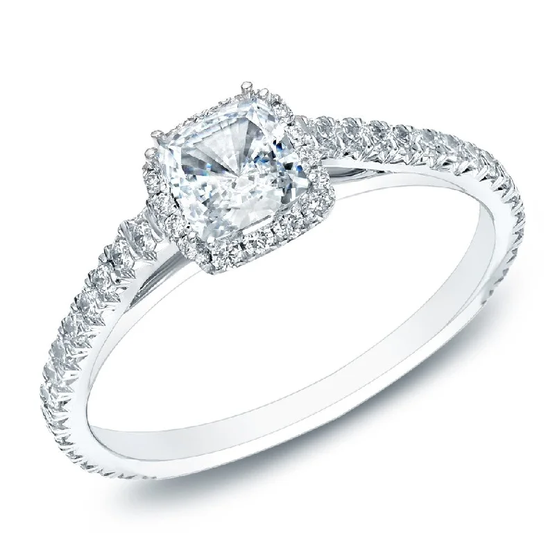 Affordable Engagement Rings with High - Quality Simulated DiamondsCushion Cut 1ct TDW Diamond Halo Engagement Ring in 14KT Gold by Auriya