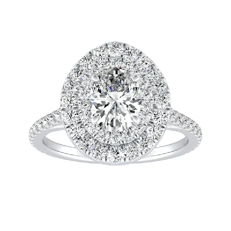 Affordable Engagement Rings with High - Quality Simulated DiamondsOval Shape 1 carat TW Double Halo Diamond Engagement Ring 14k Gold by Auriya