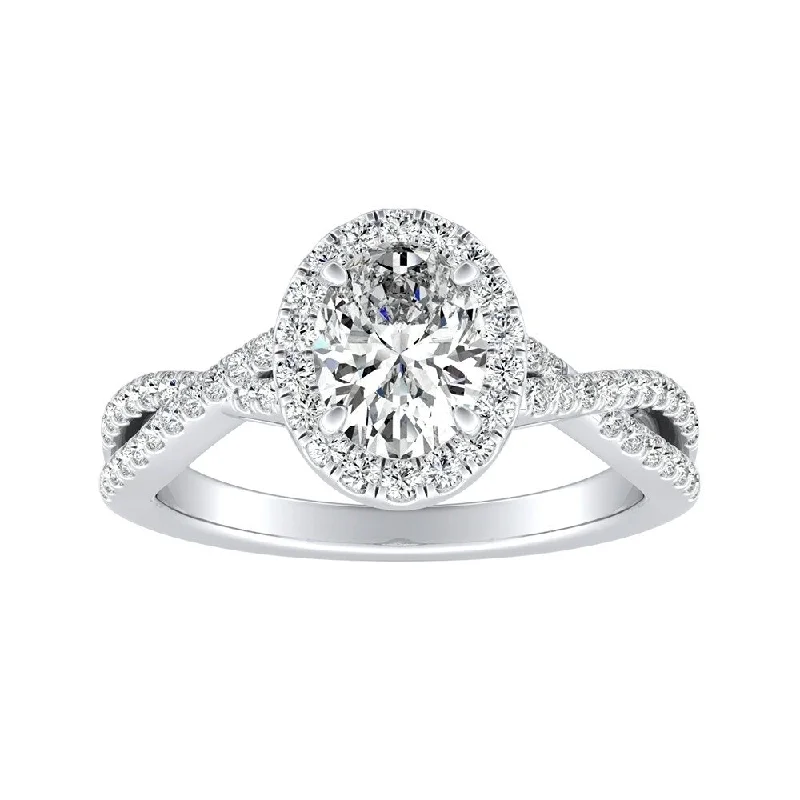 Affordable Engagement Rings with High - Quality Simulated DiamondsTwisted Oval-cut 3/4ctw Halo Diamond Engagement Ring 14k Gold by Auriya (I-J, I1-I2)