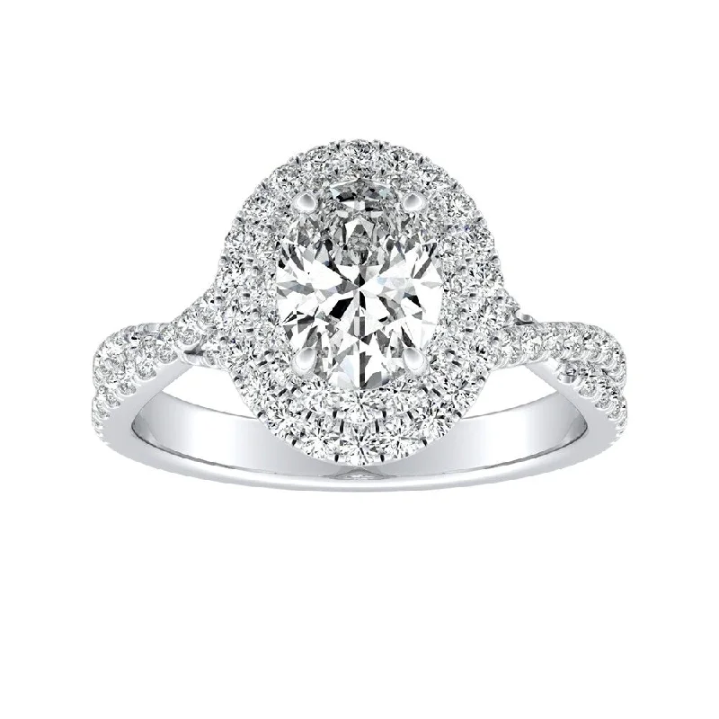 Affordable Engagement Rings with High - Quality Simulated DiamondsTwisted Oval Shape 1 1/2ctw Double Halo Diamond Engagement Ring Platinum by Auriya