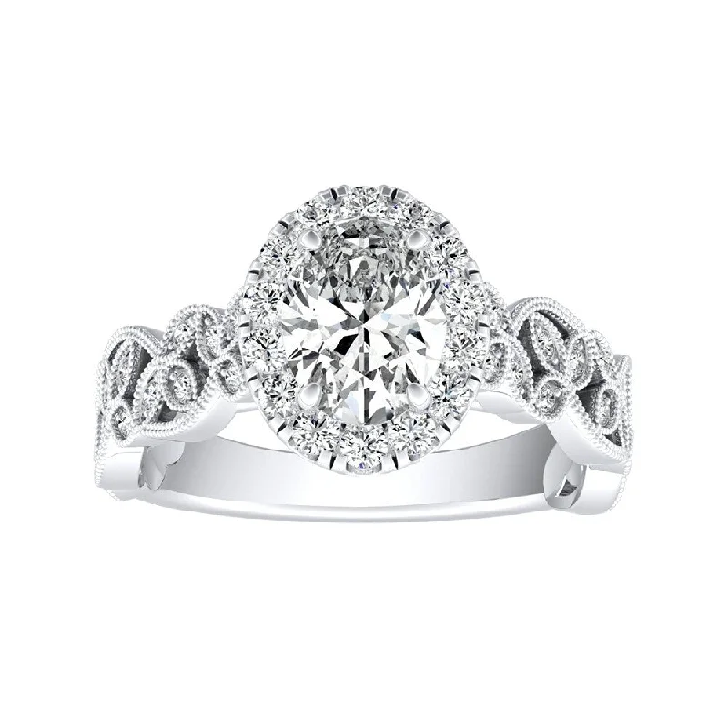 Affordable Engagement Rings with High - Quality Simulated DiamondsVintage Floral Vine Halo Oval Diamond Engagement Ring 5/8ctw 18k Gold by Auriya (I-J, I1-I2)