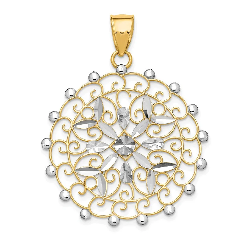 Charm Pendants with Multiple Small Decorative Elements14k Yellow Gold and White Rhodium Diamond Cut Filigree Pendant, 32mm