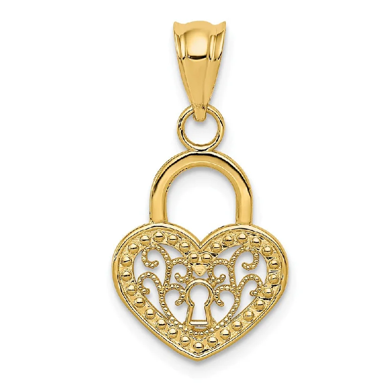 Religious Pendants with Cross or Star of David Designs14k Yellow Gold Filigree Heart Key Hole Lock Pendant, 12mm