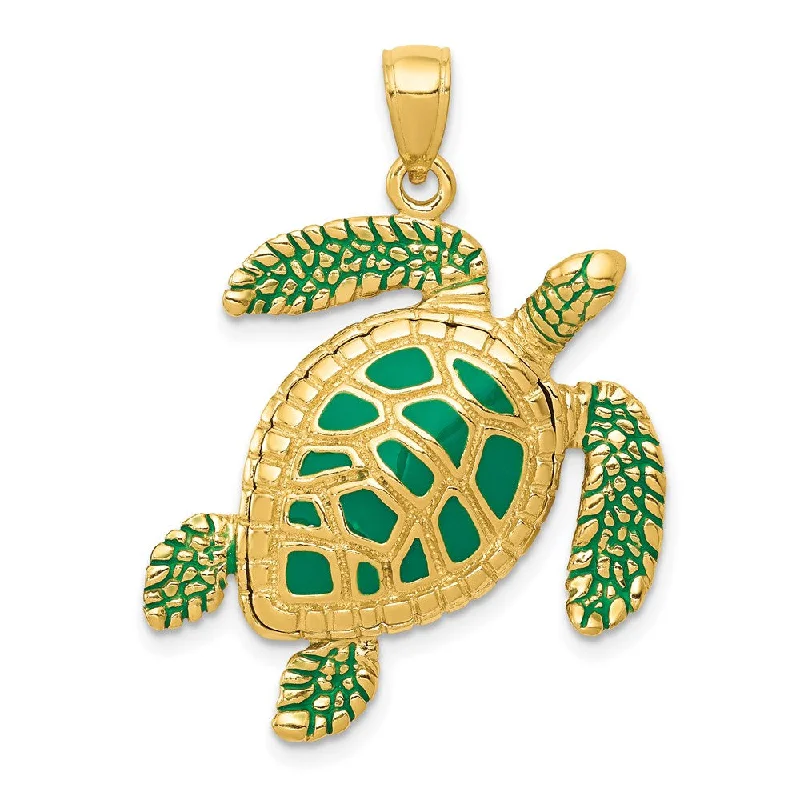 Religious Pendants with Cross or Star of David Designs14k Yellow Gold Green Enameled 3D Sea Turtle Pendant