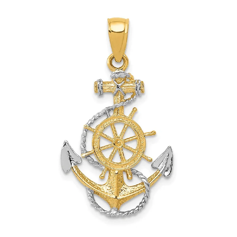 Religious Pendants with Cross or Star of David Designs14k Yellow Gold & White Rhodium Anchor, Ship's Wheel & Rope Pendant