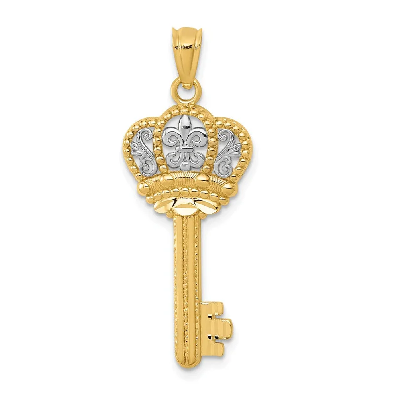 Gemstone - Encrusted Pendants with a Sparkling Centerpiece14k Yellow Gold & White Rhodium Fleur De Lis Crown Key Pendant, 12mm