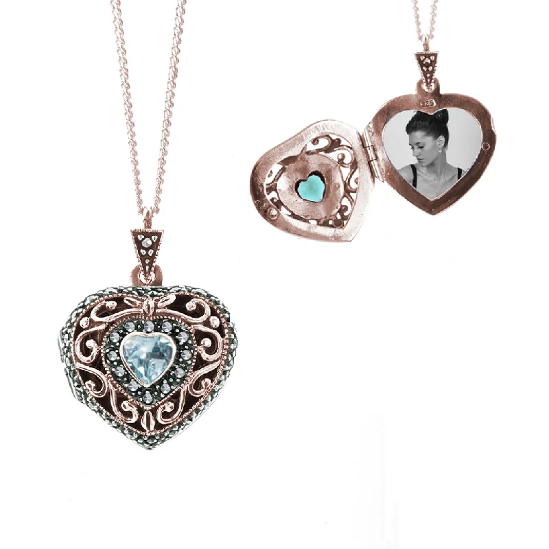 Nature - Inspired Pendant Necklaces with Leaf or Flower DesignsBlue Topaz Vintage Heart Locket | Rose Gold