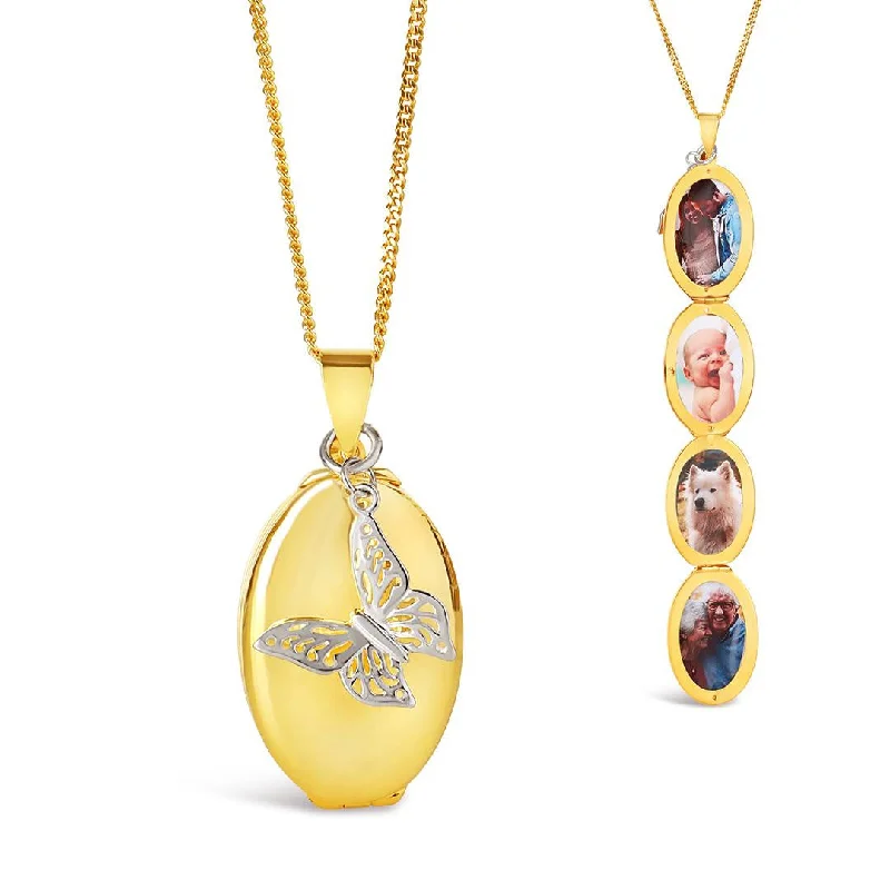 Locket Pendant Necklaces with Personalized EngravingsFour Photo Oval Butterfly Locket | Gold