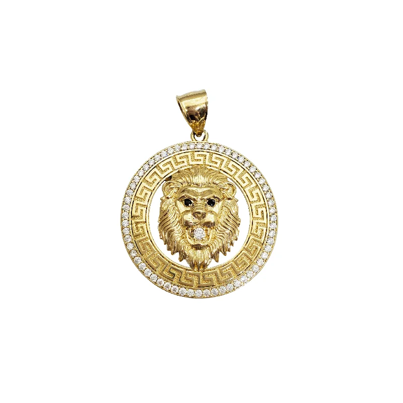 Gemstone - Encrusted Pendants with a Sparkling CenterpieceGreek Key Design Lion Medallion Pendant (14K)