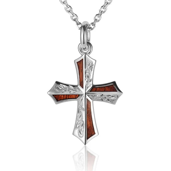 Nature - Inspired Pendant Necklaces with Leaf or Flower DesignsSterling Silver Hawaiian Scroll Cross with Koa Wood Inlay Pendant (Heavy Weight) (Chain Sold Separately)