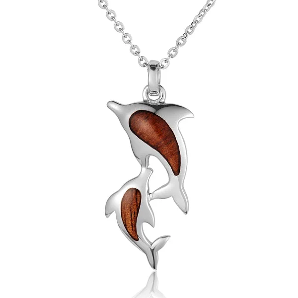 Zodiac Sign Pendant Necklaces for Astrology EnthusiastsSterling Silver Double Dolphin with Koa Wood Inlay Pendant (Chain Sold Separately)