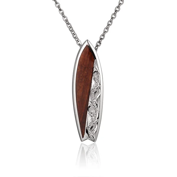 Crystal - Embellished Pendant Necklaces for a Glamorous LookSterling Silver Hawaiian Scroll Surfboard with Koa Wood Inlay Pendant (Chain Sold Separately)