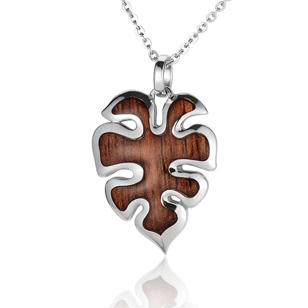 Heart - Shaped Pendant Necklaces with Birthstone InlaysSterling Silver Monstera with Koa Wood Inlay Pendant (Chain Sold Separately)