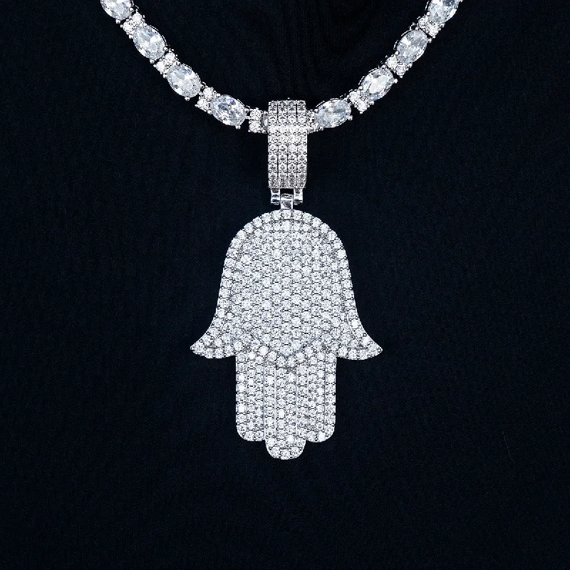 Crystal - Embellished Pendant Necklaces for a Glamorous LookLarge Iced Baguette Hamsah Pendant in White Gold