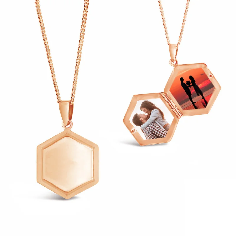 Locket Pendant Necklaces with Personalized EngravingsMen's Hexagon Locket Necklace | Rose Gold