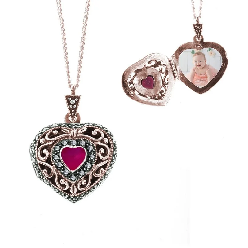 Locket Pendant Necklaces with Personalized EngravingsRuby Vintage Heart Locket | Rose Gold