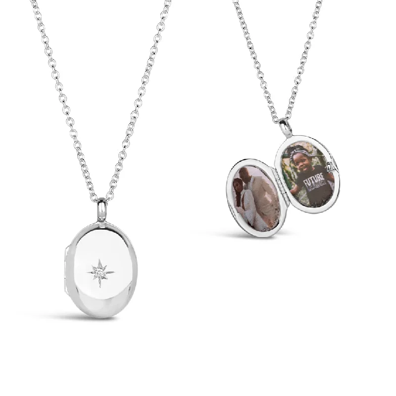 Locket Pendant Necklaces with Personalized EngravingsSilver Small Oval Diamond Locket + Photos