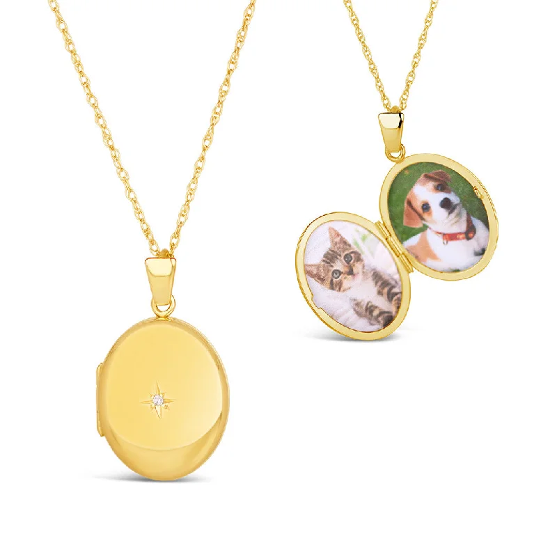 Locket Pendant Necklaces with Personalized EngravingsSolid Gold Oval Diamond Locket + Photos