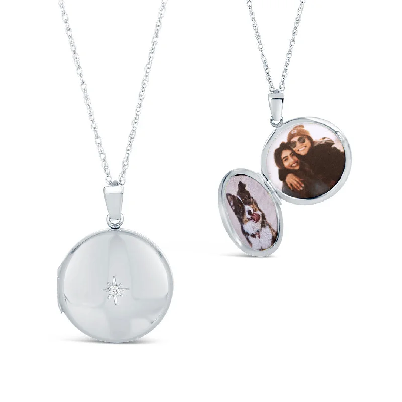 Heart - Shaped Pendant Necklaces with Birthstone InlaysSolid White Gold Round Diamond Locket + Photos