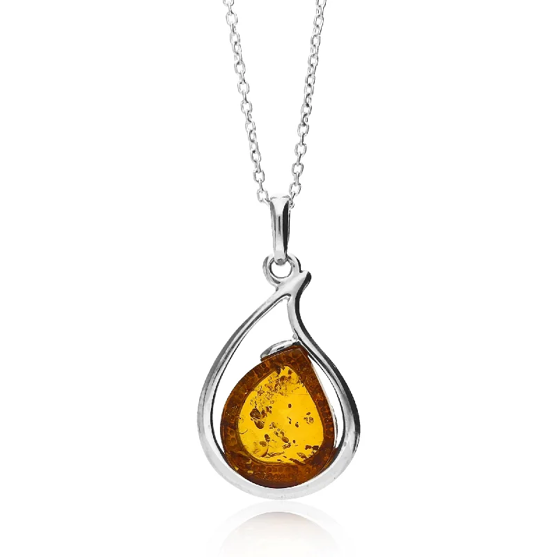 Locket Pendant Necklaces with Personalized EngravingsSterling Silver Amber Contemporary Teardrop Pendant