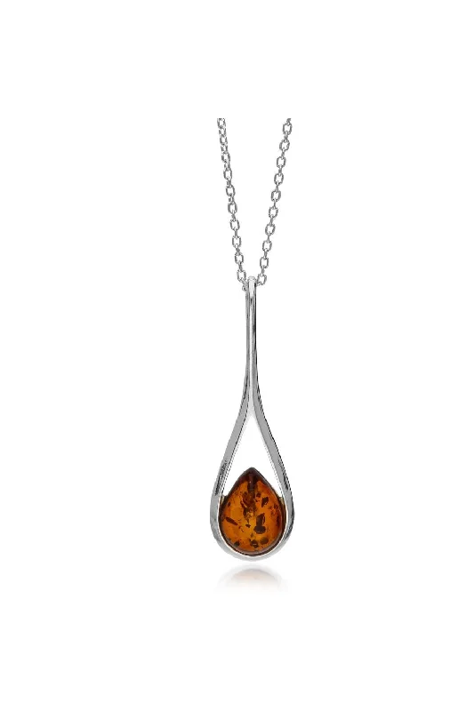 Heart - Shaped Pendant Necklaces with Birthstone InlaysSterling Silver Amber Long Drop Pendant